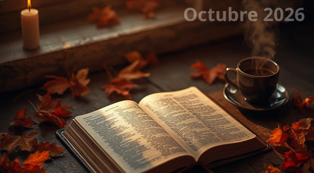 Devocional mensual de octubre 2026: Biblia abierta con cuaderno de reflexiones diarias y café en la mañana
