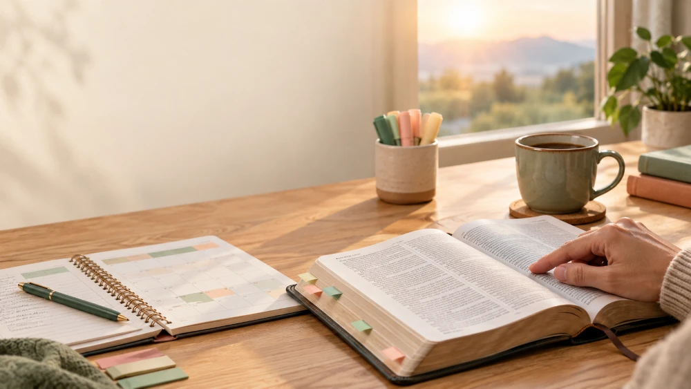 Plan de lectura bíblica de 90 días: Biblia abierta con plan de lectura diaria y marcador